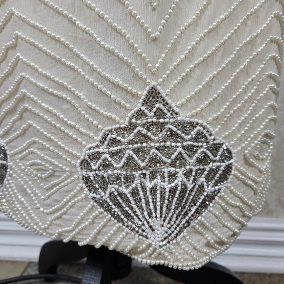 Jewel Queen Sz Med Beaded Sequin Evening Skirt Cream Silver Seashell Pearls Silk - Picture 3 of 13